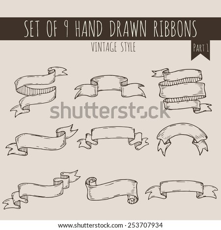 Big set of blank cute ribbon banners in vintage style on beige background. Hand drawn vector illustration of decorative elements for your design. Part 1. 