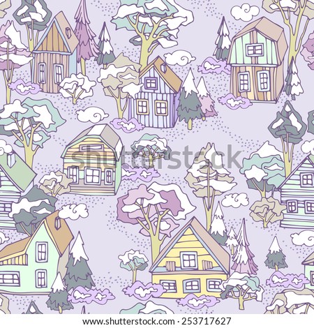 Seamless winter village pattern. Can be used for wallpaper, pattern fills, web page background, surface textures. Small colorful houses on a snowy background with firs and pines. Purple background.