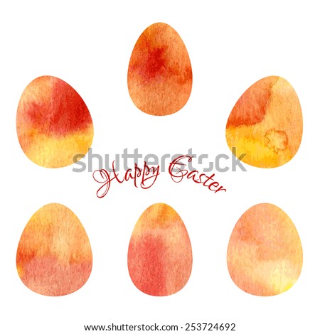 Watercolor easter eggs set in orange, yellow and red colors.
