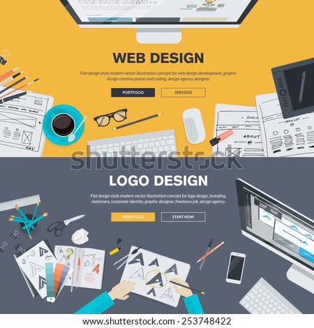 Set of flat design illustration concepts for web design development, logo design, graphic design, design agency. Concepts for web banner and printed materials. Royalty-Free Stock Photo #253748422