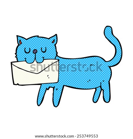 retro comic book style cartoon cat carrying letter