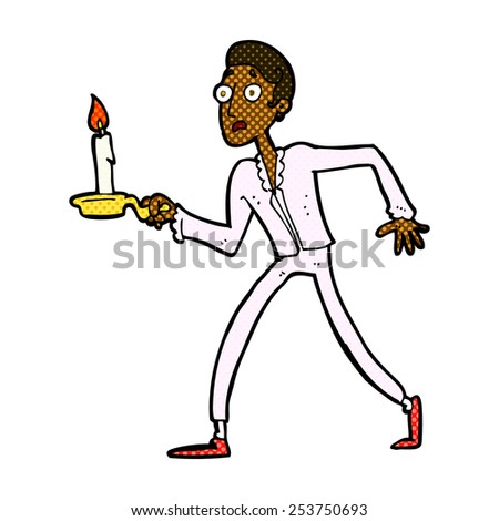 retro comic book style cartoon frightened man walking with candlestick