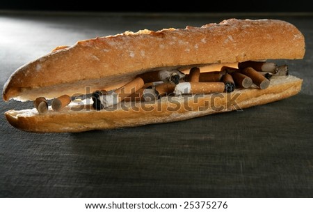 Cigarette bread sandwich menu, tobacco addiction metaphor