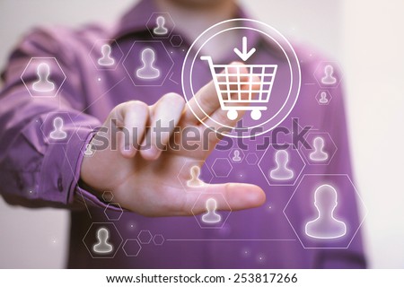 Hand press on shopping sign cart web icon