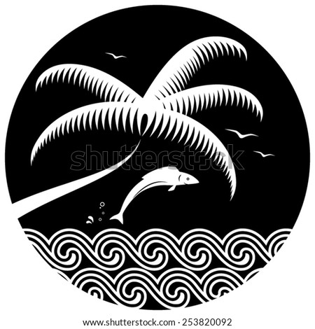 vector jumping fish over the sea and palm tree isolated on black round