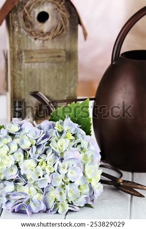 Purple Hydrangea with garden items. Extreme shallow depth of field with selective focus on flowers.