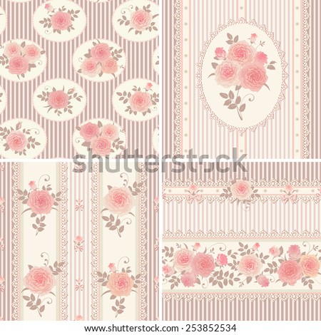 Seamless floral backgrounds and borders. Set of striped patterns with pink roses. Shabby chic style ornaments.