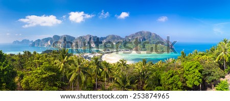 Panoramic view of lush green picture perfect tropical island, Phi-Phi Don, Thailand.