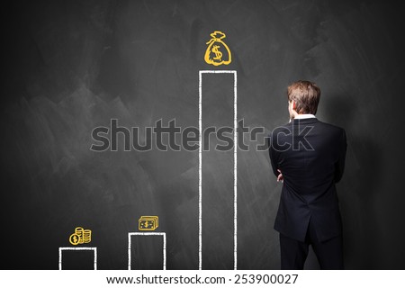 businessman standing in front of a blackboard with a chart about different types of wages Royalty-Free Stock Photo #253900027
