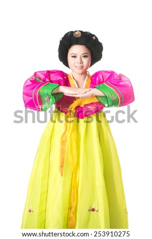 Beautiful woman asian girl hanbok dress korea.Woman in Korean Traditional Dress.Smiling korea woman dress traditional,Woman in hanbok bowing,studio shot isolated on white background.