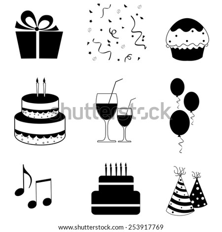 Black and white birthday party icons collection isolated on white background