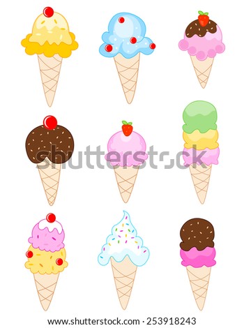 Collection of delicious ice cream cones with strawberry, vanilla, lemon, chocolate and various flavored ice cream