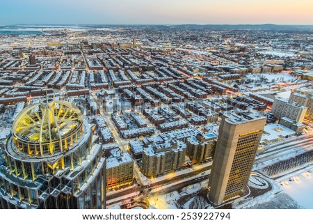 Boston view from top of Prudential Tower after snowstrorms at dusk