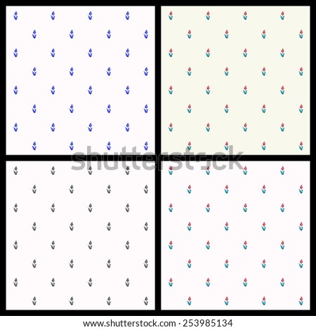 Seamless pattern set of colored tulips on white and creamy white background. Upper left is Delfts blue color.