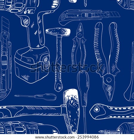 Seamless pattern, working tools in sketch style, blue background