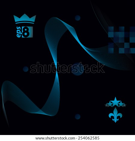 Blue dimensional flowing stripy ribbon, dreamy futuristic background with royal elements, stars and crown, dark eps8 design vector illustration.
