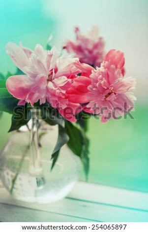Pink peonies in vase on nature background