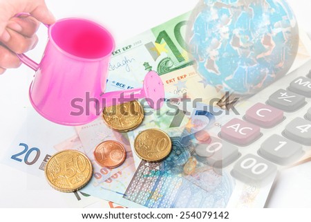.hand business woman and pink watering can with money (path in side) on white background,Interpretive to money investment , glow up money