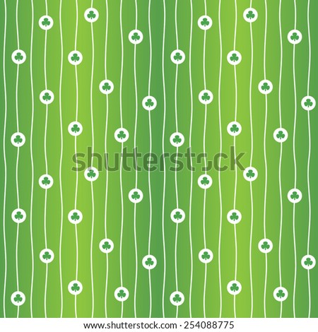 Vector seamless pattern with tiny shamrocks and endless wavy vertical stripes.