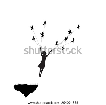  flying girl and holding pigeons, fly in the dream, shadows, black and white, silhouette.