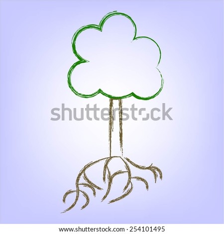 Vector illustration of Stylized child's drawing of a tree with roots.