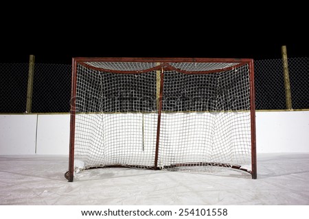 Hockey net on an outdoor skating rink