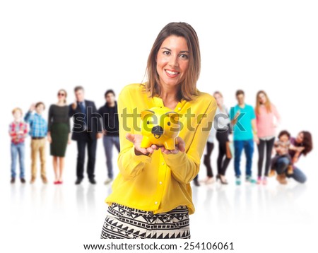 young cool woman with piggy bank
