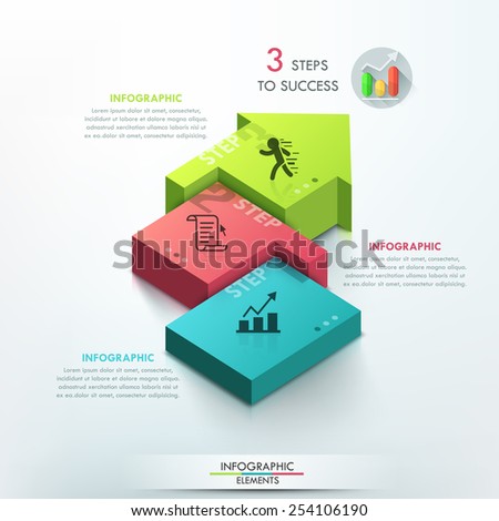 Modern infographics options banner with 3d colorful arrow made of 3 colorful blocks. Vector. Can be used for web design and  workflow layout