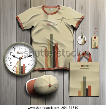Finance promotional souvenirs design for corporate identity with color infographic. Stationery set
