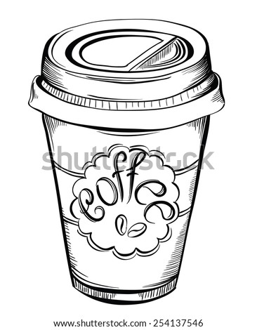 Hot coffee disposable to go cup with lids and label with text isolated on a white.  Hand drawn illustrations