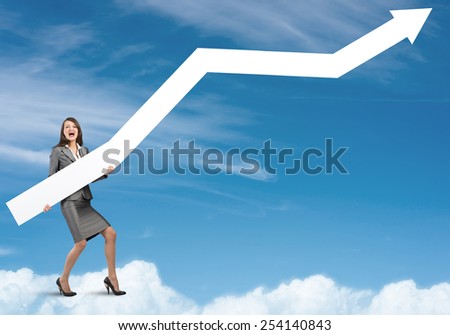 Young businesswoman standing on cloud holding white arrow