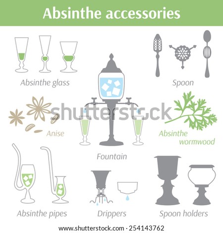 Absinthe accessories vector illustration icons set. Glass, spoon, drippers, fountain, pipes, spoon holders, anise seeds and absinthe wormwood Royalty-Free Stock Photo #254143762