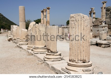 Panoramic of the historical set of the ancient city of Ephesus in Turkey  Royalty-Free Stock Photo #254183821