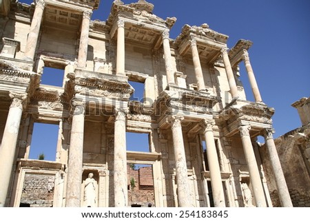 The Library, most prominent historic building set of the ancient city of Ephesus in Turkey  Royalty-Free Stock Photo #254183845