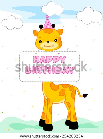 Cute giraffe wearing a party hat and holding a happy birthday notice, Birthday card specially for small kids