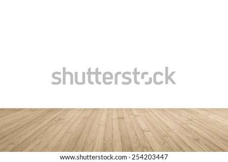 Wood floor perspective view with wooden texture in light brown color isolated on white wall background for room interior design decoration backdrop