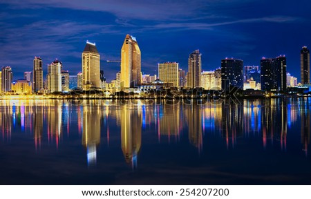 Downtown Nighttime Cityscape Skyline with Buildings Reflecting, City of San Diego, California USA 