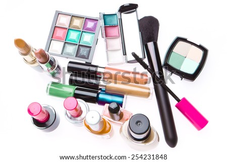 set of makeup products isolated on white background