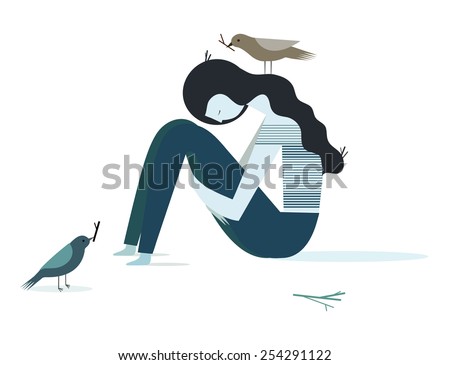 Vector illustration of sad and depression girl sitting on the floor.