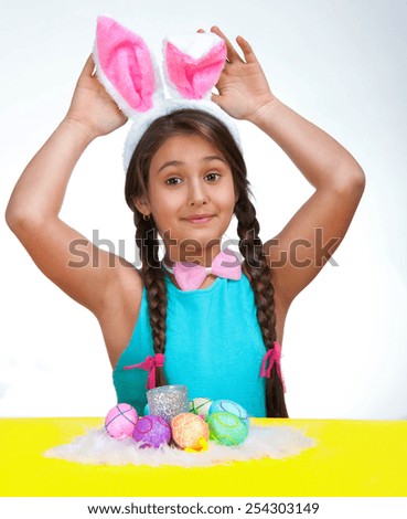 happy little girl with eggs. Easter photo  