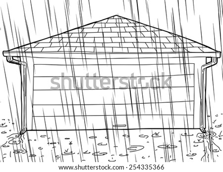 Outline of residential garage with closed door and rain