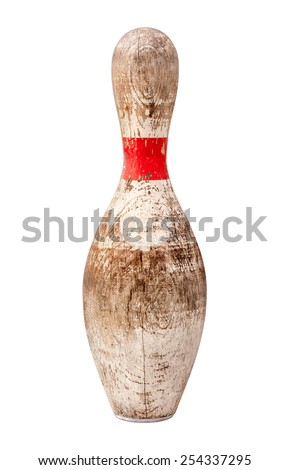 Old Wooden Bowling Pin with cracks and chipped paint. The image is isolated on white and includes a clipping path.