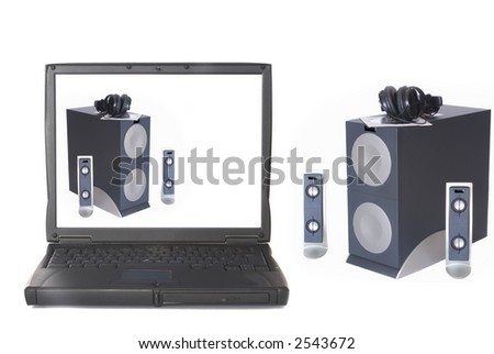 Laptop with Sub woofer satellite speaker system and headphone, white background.  Quality, multi media concept.
