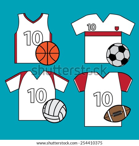 Soccer, basketball, volleyball and american football ball and uniform, flat icons for web design. Vector isolated