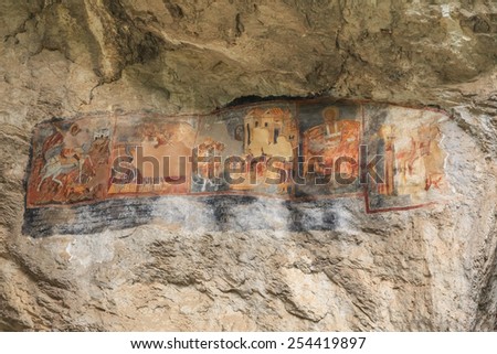 Old orthodox cave murals in a Bistrecky Monastery "St. Ivan Rilski", Bulgaria. It was built in 1540 and restored in 2007 year. The monastery is located 6km west from the town of Vratza. 