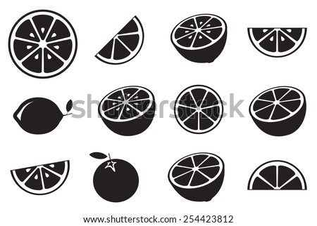Collection of citrus slices - orange, lemon, lime and grapefruit, icons set, black isolated on white background, vector illustration. Royalty-Free Stock Photo #254423812