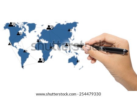Business hand writing world map and connection lines 