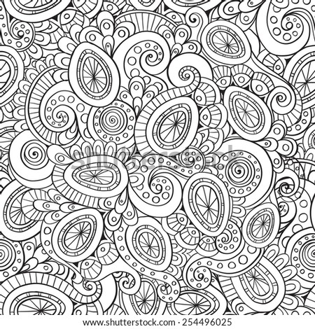 Outline abstract floral doodle pattern. Vector seamless zentangle easter pattern with Easter eggs
