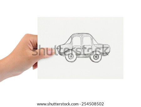 Hand with drawing car isolated on white background