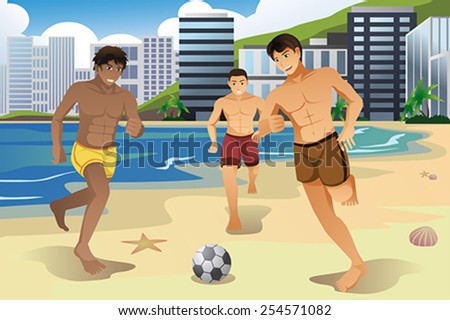 A vector illustration of young men playing soccer on the beach